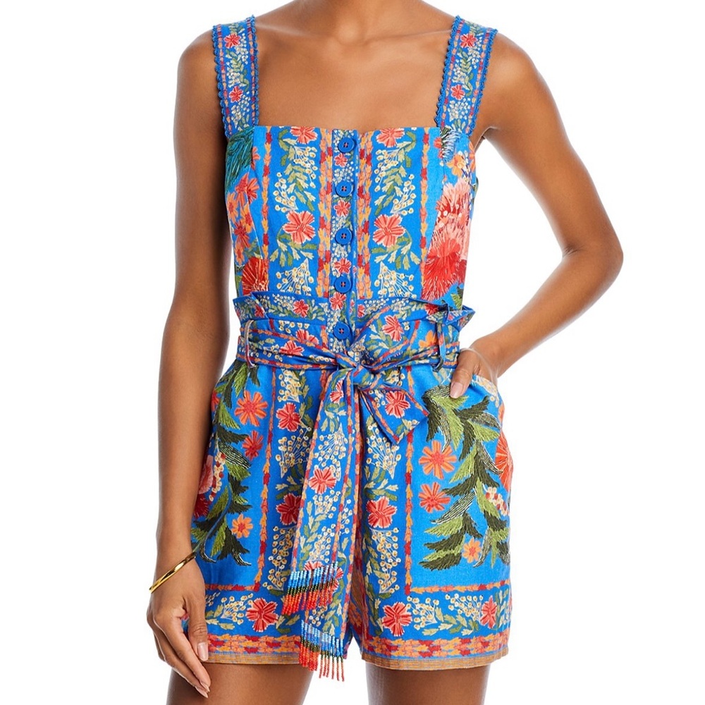Farm Rio Stitched Garden Blue Romper